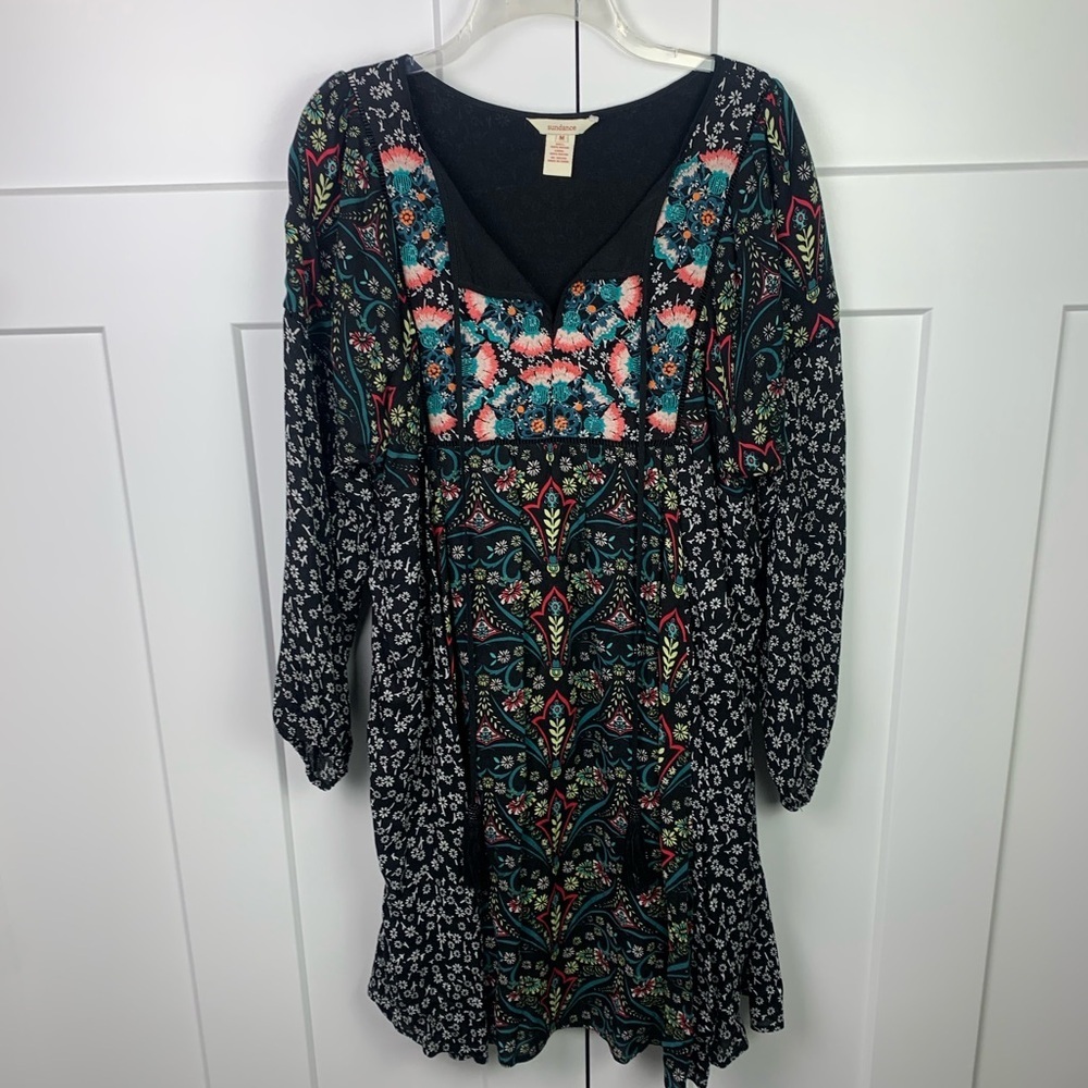 Sundance MEDIUM Chelsea Tunic Dress Embroidered Tassels Boho Dark Floral